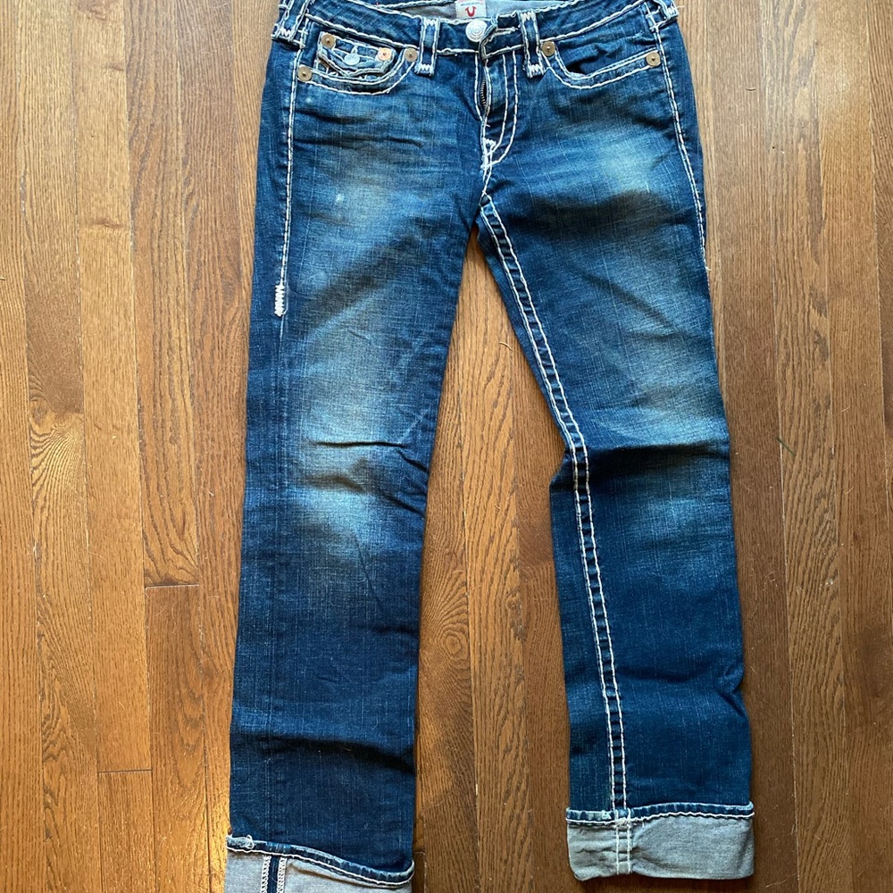 True Religion Dark Blue Denim Jeans with White Stitching